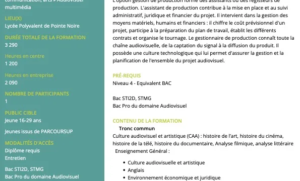 BTS Audiovisuel Option Gestion de Production en Apprentissage