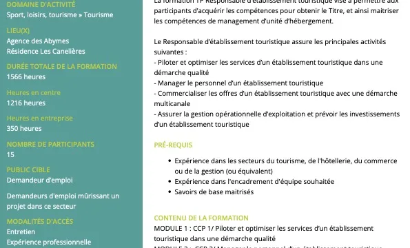 TP Responsable d’Etablissement Touristique