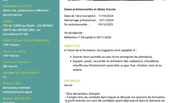 Titre professionnel d’Installateur en thermique et sanitaire